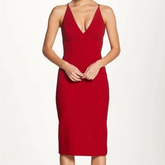 Dress The Population Lyla V-Neck Sleeveless Crepe Sheath Pencil Dress Garnet XS - Picture 1 of 12